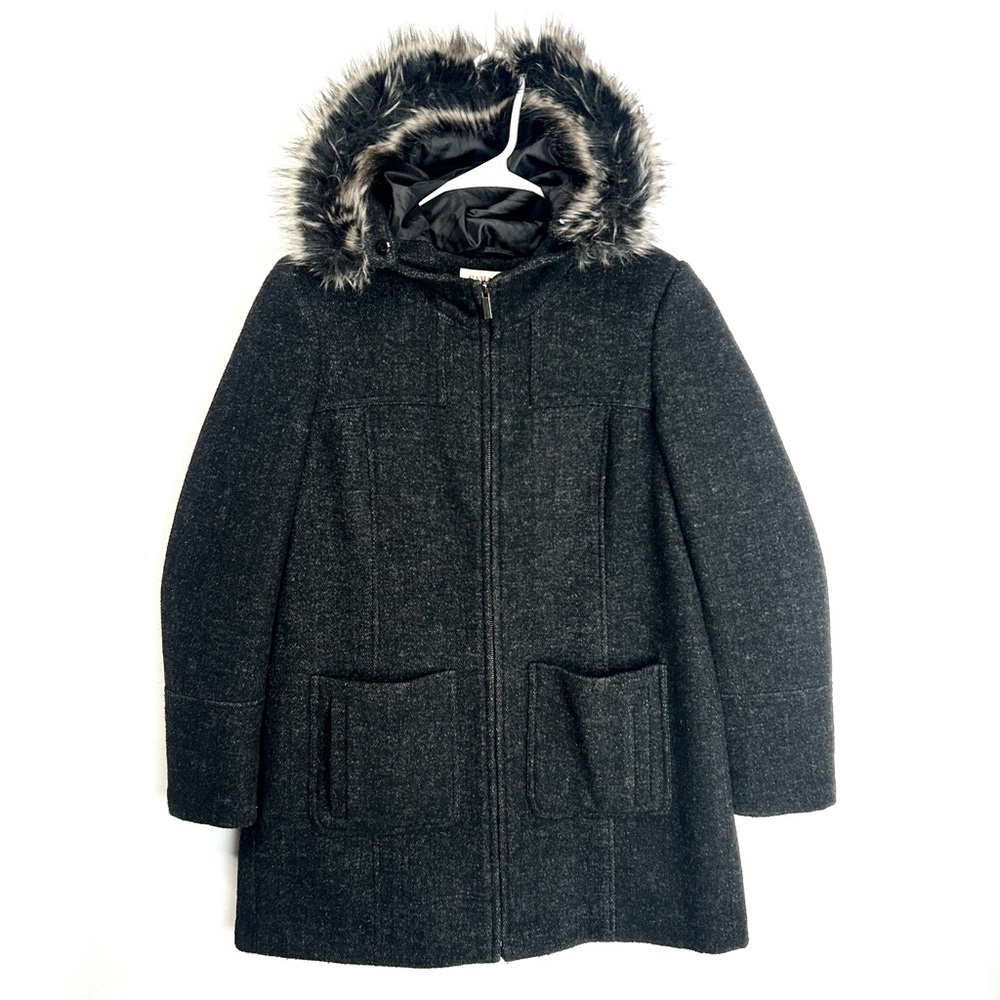 Wool Tweed Fur Trim Coat Removable Hood European Brand Camaieu Womens 8 M L